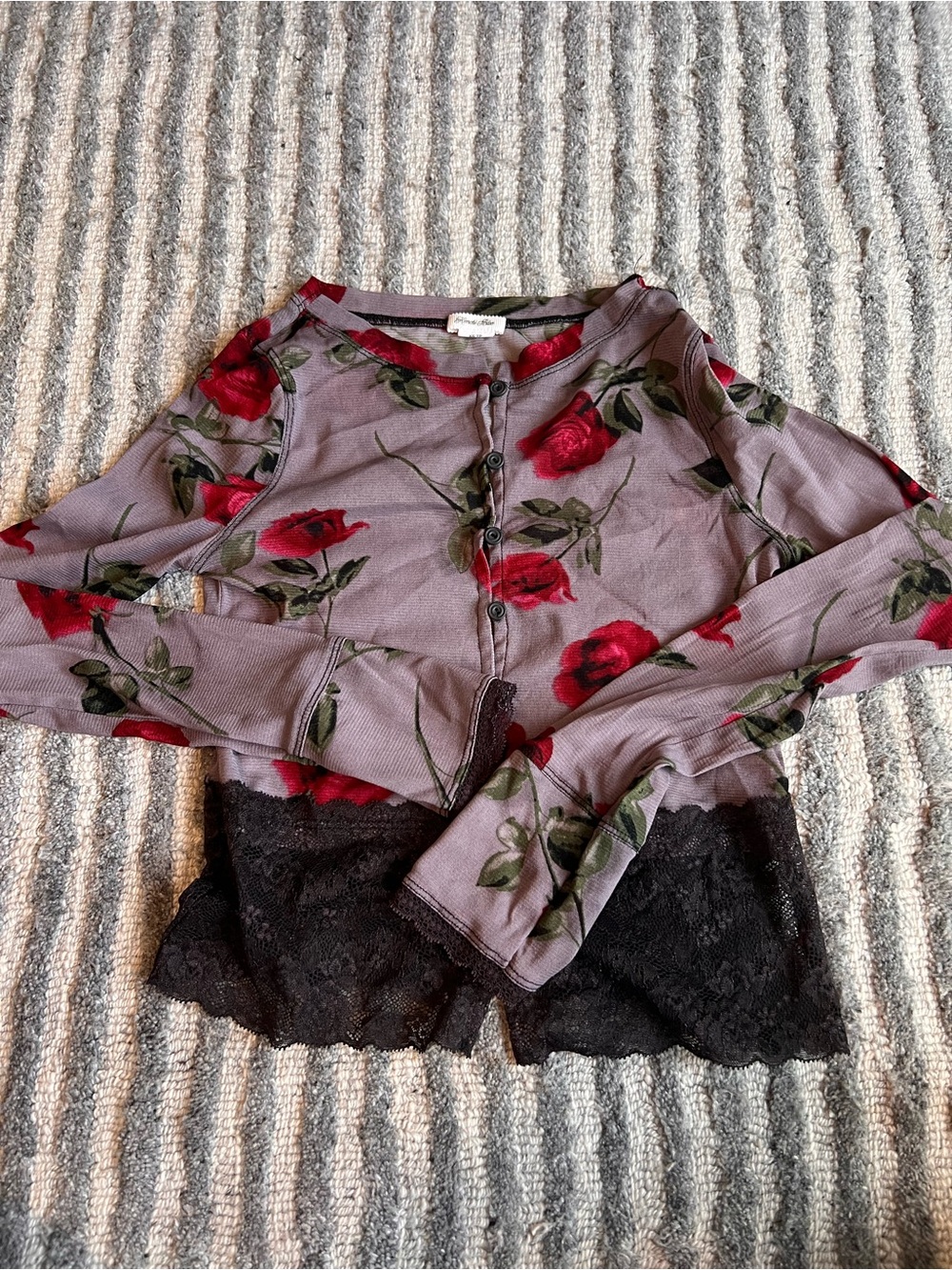Urban Outfitters Mauve Floral Button-Front Top with Black Lace Trim